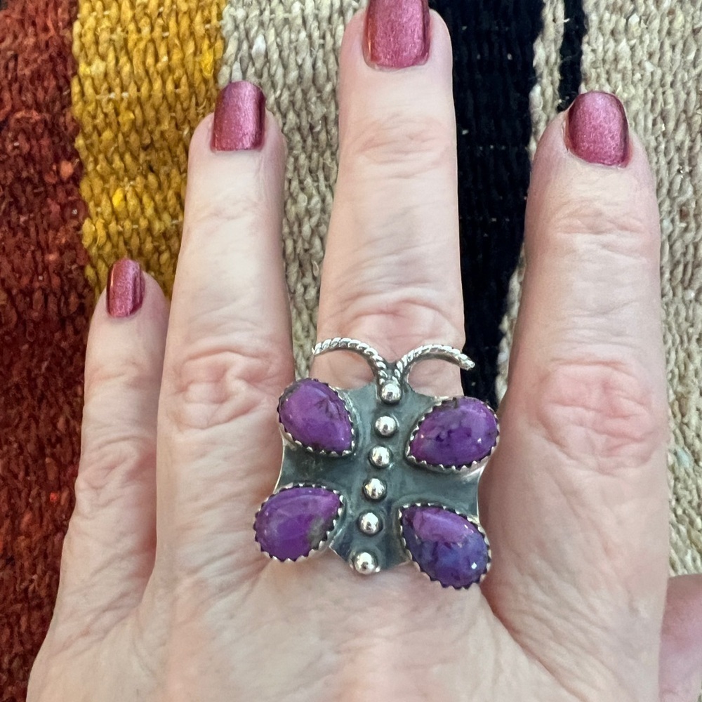 ❤️ Purple Dahlia Kingman Turquoise Butterfly Adjustable Sterling Ring 9.4 Gm - Picture 3 of 15